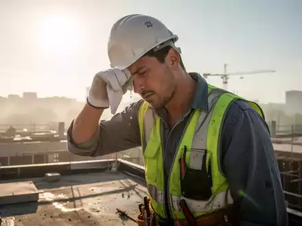 Ein Bauarbeiter wischt sich auf einem sonnenbeschienenen Dach den Schweiß von der Stirn, mit Hitzeschleier im Hintergrund. - Foto: über boerse-global.de
