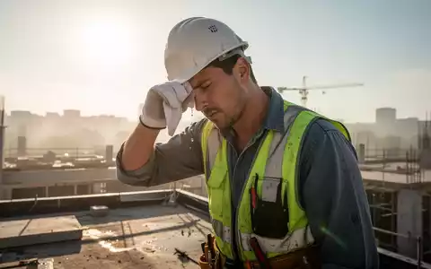 Ein Bauarbeiter wischt sich auf einem sonnenbeschienenen Dach den Schweiß von der Stirn, mit Hitzeschleier im Hintergrund. - Foto: über boerse-global.de