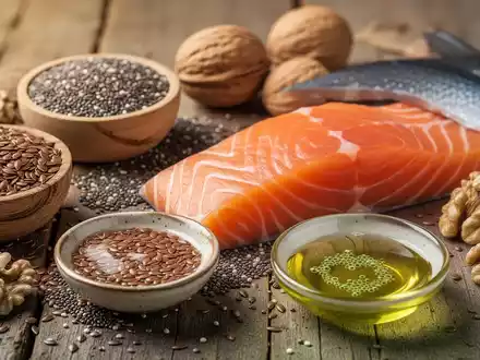 Eine Nahaufnahme von Lebensmitteln, die reich an Omega-3-Fettsäuren sind: Leinsamen, Chiasamen, Walnüsse, Lachsfilet und Mikroalgenöl. - Foto: über boerse-global.de