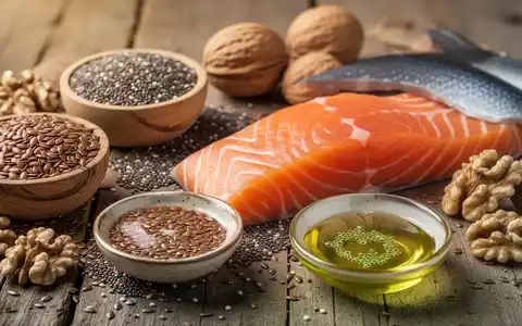 Eine Nahaufnahme von Lebensmitteln, die reich an Omega-3-Fettsäuren sind: Leinsamen, Chiasamen, Walnüsse, Lachsfilet und Mikroalgenöl. - Foto: über boerse-global.de
