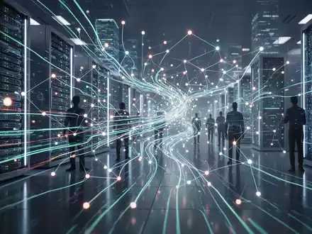 Abstract representation of AI's impact on software development, with data flows connecting virtual servers and human silhouettes. - Foto: über boerse-global.de