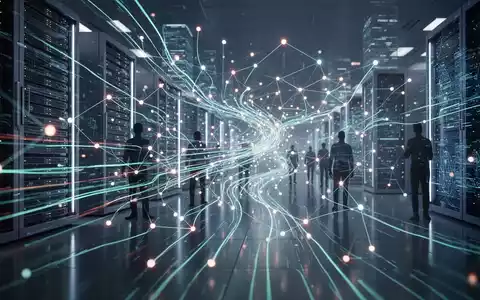 Abstract representation of AI's impact on software development, with data flows connecting virtual servers and human silhouettes. - Foto: über boerse-global.de