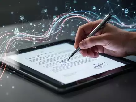 A hand holding a stylus, digitally signing a document on a tablet screen, with abstract network graphics in the background. - Foto: über boerse-global.de