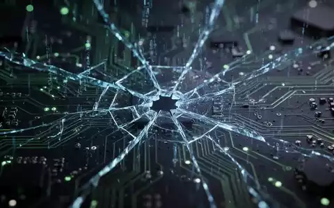 A fractured blue digital data stream overlaying a dark, abstract circuit board, symbolizing system instability and data corruption. - Foto: über boerse-global.de