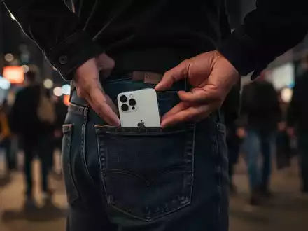 Ein Smartphone wird aus der Gesäßtasche einer Person in einer dunklen städtischen Umgebung gestohlen. - Foto: über boerse-global.de