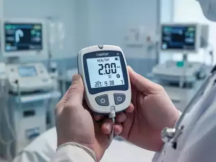 Nahaufnahme eines modernen Blutzuckermessgeräts, das einen gesunden Wert anzeigt, gehalten von einem Arzt in einer Klinik. - Foto: über boerse-global.de