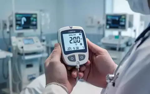 Nahaufnahme eines modernen Blutzuckermessgeräts, das einen gesunden Wert anzeigt, gehalten von einem Arzt in einer Klinik. - Foto: über boerse-global.de