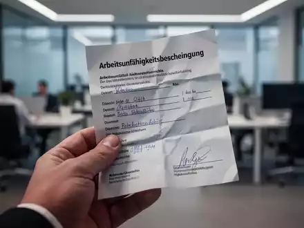 Eine Nahaufnahme einer Hand, die eine zerknüllte Arbeitsunfähigkeitsbescheinigung vor dem Hintergrund eines Büros hält. - Foto: über boerse-global.de