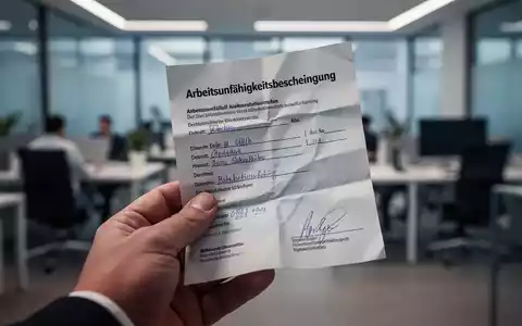Eine Nahaufnahme einer Hand, die eine zerknüllte Arbeitsunfähigkeitsbescheinigung vor dem Hintergrund eines Büros hält. - Foto: über boerse-global.de