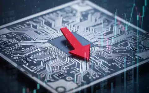 Ein Mikrochip mit einer abwärts gerichteten roten Pfeilüberlagerung, der eine Unterperformance im Technologiesektor symbolisiert. - Foto: über boerse-global.de