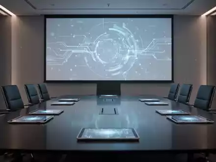 Ein moderner Konferenzraum, der auf einen bevorstehenden Investorentag vorbereitet ist, mit einer grossen Leinwand und einem leeren Tisch. - Foto: über boerse-global.de
