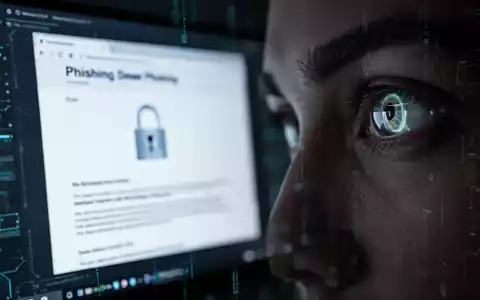 A close-up of a computer screen showing a phishing email reflected in a person's eye, symbolizing cyber threats and scams. - Foto: über boerse-global.de