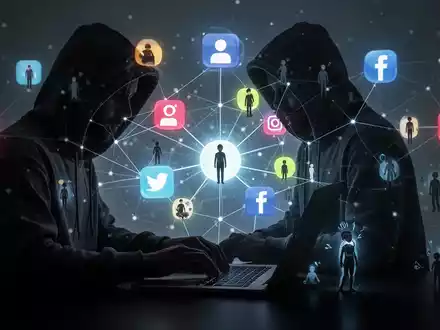 A shadowy figure in a hoodie uses a laptop, surrounded by glowing social media icons and connected to small digital avatars. - Foto: über boerse-global.de