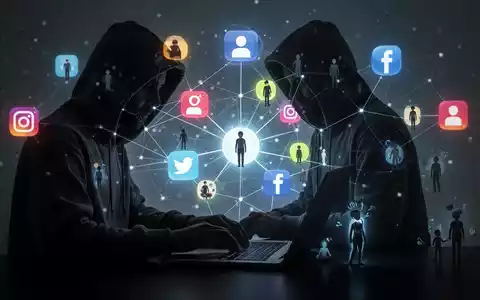 A shadowy figure in a hoodie uses a laptop, surrounded by glowing social media icons and connected to small digital avatars. - Foto: über boerse-global.de