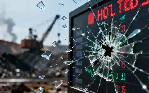 Ein zerbrochener Börsenticker zeigt einen Handelsstopp, mit Glassplittern und einem verschwommenen Hintergrund einer Mine. - Foto: über boerse-global.de