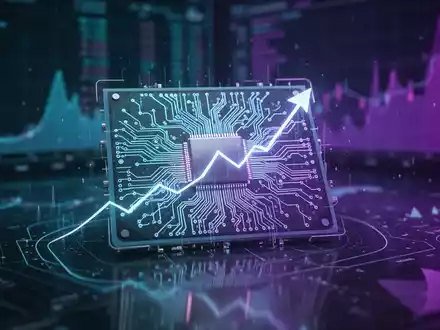 Eine Nahaufnahme eines leuchtenden Quantencomputerchips mit Schaltkreisen, der eine aufsteigende Trendlinie widerspiegelt. - Foto: über boerse-global.de