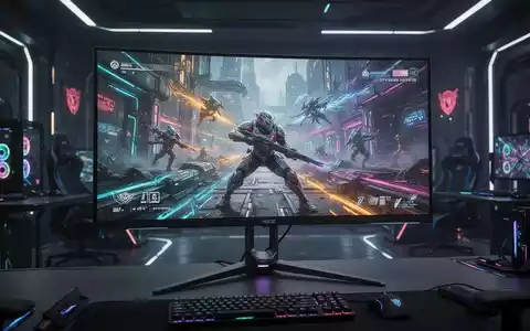 A close-up of a curved ultrawide gaming monitor displaying a vibrant video game, set in a modern, dimly lit gaming environment. - Foto: über boerse-global.de