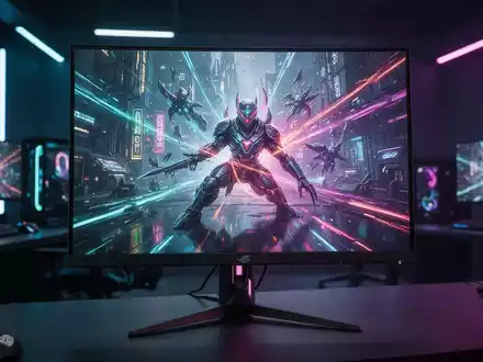 A close-up of a glossy black gaming monitor displaying a vibrant, high-resolution game scene with bright colors and sharp details. - Foto: über boerse-global.de