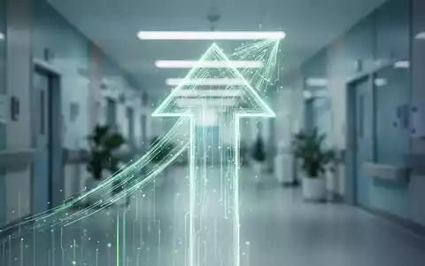 Eine stilisierte, leuchtende Pfeilform, die nach oben zeigt, über einem unscharfen Hintergrund einer modernen Gesundheitseinrichtung. - Foto: über boerse-global.de