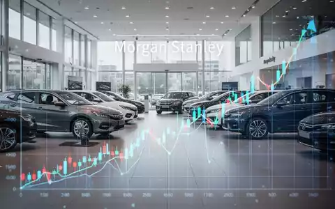 Ein modernes Autohaus mit hell beleuchteten Neu- und Gebrauchtwagen und einem digitalen Aktienchart, der einen Aufwärtstrend zeigt. - Foto: über boerse-global.de