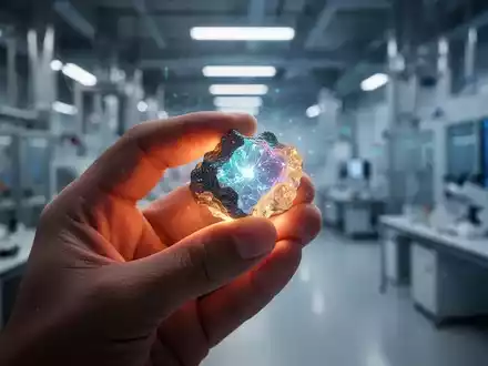 Nahaufnahme einer Hand, die eine leuchtende Probe seltener Erden hält, im Hintergrund eine moderne Industrieanlage. - Foto: über boerse-global.de