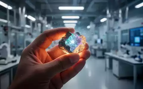 Nahaufnahme einer Hand, die eine leuchtende Probe seltener Erden hält, im Hintergrund eine moderne Industrieanlage. - Foto: über boerse-global.de