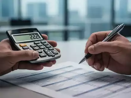 Hände halten Taschenrechner mit '222' und Stift über Finanzdokument; unscharfer Bürohintergrund. Symbolisiert Tarifverhandlungen. - Foto: über boerse-global.de