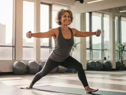 Eine lächelnde Frau mittleren Alters führt eine Yoga- oder Krafttrainingsübung in einem hellen Fitnessstudio aus. - Foto: über boerse-global.de