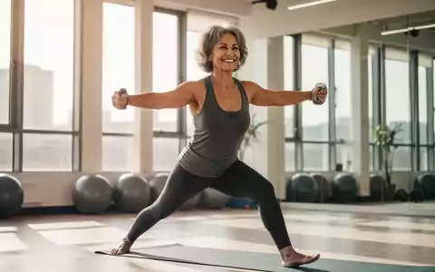 Eine lächelnde Frau mittleren Alters führt eine Yoga- oder Krafttrainingsübung in einem hellen Fitnessstudio aus. - Foto: über boerse-global.de
