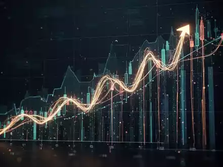 Abstrakte Darstellung von Finanzmarktwachstum mit aufsteigenden Lichtspuren vor dunklem Hintergrund, symbolisiert Kursanstieg. - Foto: über boerse-global.de