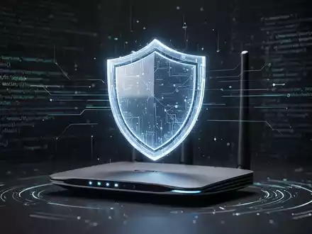 Ein stilisiertes, leuchtendes digitales Schild über einem modernen WLAN-Router, der Netzwerksicherheit und Schutz symbolisiert. - Foto: über boerse-global.de
