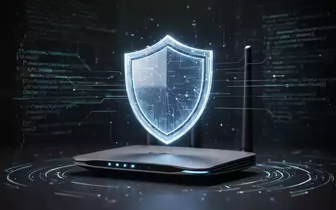 Ein stilisiertes, leuchtendes digitales Schild über einem modernen WLAN-Router, der Netzwerksicherheit und Schutz symbolisiert. - Foto: über boerse-global.de