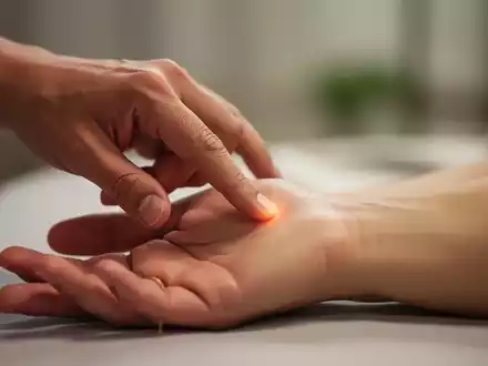 Eine Hand übt sanften Druck auf einen Akupunkturpunkt am Handgelenk einer anderen Person aus, in einer ruhigen, therapeutischen Umgebung. - Foto: über boerse-global.de
