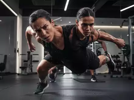Eine Person führt eine hochintensive Bodyweight-Übung mit konzentriertem Ausdruck in einem modernen Fitnessstudio aus. - Foto: über boerse-global.de