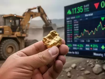 Eine Hand hält einen Goldnugget, im Hintergrund verschwommen Bergbauausrüstung und ein positiver Börsenticker. - Foto: über boerse-global.de