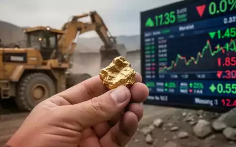 Eine Hand hält einen Goldnugget, im Hintergrund verschwommen Bergbauausrüstung und ein positiver Börsenticker. - Foto: über boerse-global.de