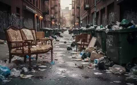 Eine chaotische Szene mit illegal entsorgtem Müll und Sperrmüll auf einem Bürgersteig in einer Stadt. - Foto: über boerse-global.de