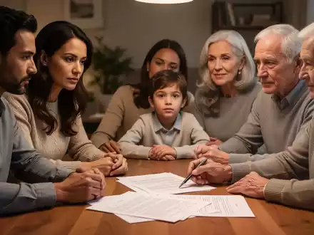 Eine moderne Familie sitzt nachdenklich an einem Tisch, umgeben von Dokumenten, was die Komplexität der Nachlassplanung symbolisiert. - Foto: über boerse-global.de