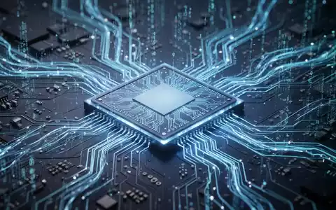 Abstrakter Quantencomputing-Chip leuchtet blau, umgeben von Schaltkreisen und Datenströmen, die technologische Innovation symbolisieren. - Foto: über boerse-global.de