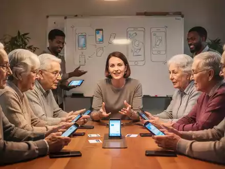 Ältere Menschen und andere Nutzer lernen in einem Kurs den sicheren Umgang mit Smartphones, mit einem Lehrer, der an einem Tisch sitzt. - Foto: über boerse-global.de
