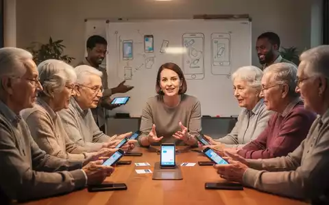 Ältere Menschen und andere Nutzer lernen in einem Kurs den sicheren Umgang mit Smartphones, mit einem Lehrer, der an einem Tisch sitzt. - Foto: über boerse-global.de