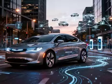 An autonomous vehicle on a city street at dusk, with digital overlays symbolizing data and connectivity, representing fleet management. - Foto: über boerse-global.de