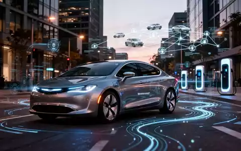 An autonomous vehicle on a city street at dusk, with digital overlays symbolizing data and connectivity, representing fleet management. - Foto: über boerse-global.de