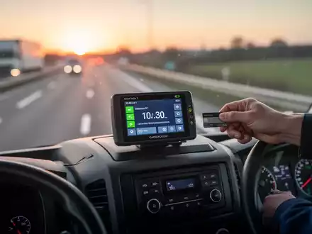 Nahaufnahme eines digitalen Fahrtenschreibers (Smart Tacho 2) im Armaturenbrett eines Transporters, Fahrerkarte wird eingeführt. - Foto: über boerse-global.de
