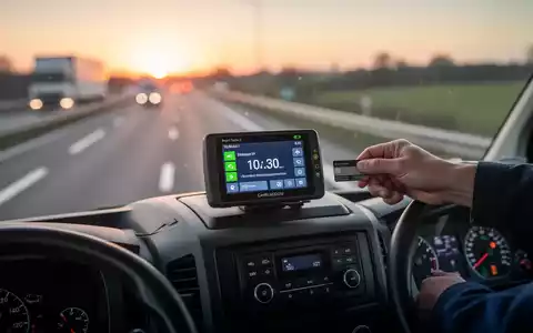 Nahaufnahme eines digitalen Fahrtenschreibers (Smart Tacho 2) im Armaturenbrett eines Transporters, Fahrerkarte wird eingeführt. - Foto: über boerse-global.de