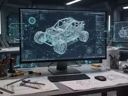 A futuristic workstation with a complex 3D model on a large screen, glowing AI interface elements, and design tools, symbolizing AI in design software. - Foto: über boerse-global.de
