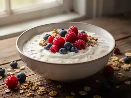 Nahaufnahme einer Schale hausgemachten Haferjoghurts, garniert mit Beeren und Müsli, auf einem Holztisch mit natürlichem Licht. - Foto: über boerse-global.de