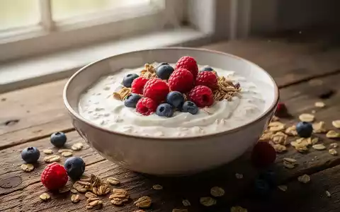 Nahaufnahme einer Schale hausgemachten Haferjoghurts, garniert mit Beeren und Müsli, auf einem Holztisch mit natürlichem Licht. - Foto: über boerse-global.de