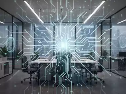 Eine futuristische Darstellung eines neuronalen Netzwerks, das sich über ein modernes Büro erstreckt und KI-Potenzial in Unternehmen symbolisiert. - Foto: über boerse-global.de