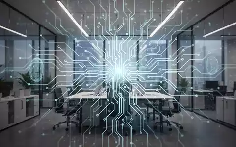 Eine futuristische Darstellung eines neuronalen Netzwerks, das sich über ein modernes Büro erstreckt und KI-Potenzial in Unternehmen symbolisiert. - Foto: über boerse-global.de